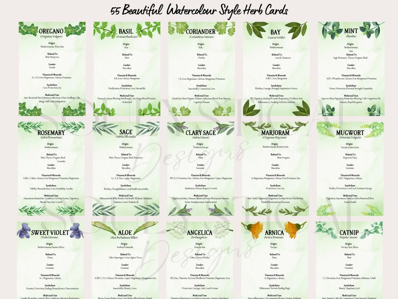 Printable Herbal Healing Cards, Watercolour Herbs, Medicinal Herbal