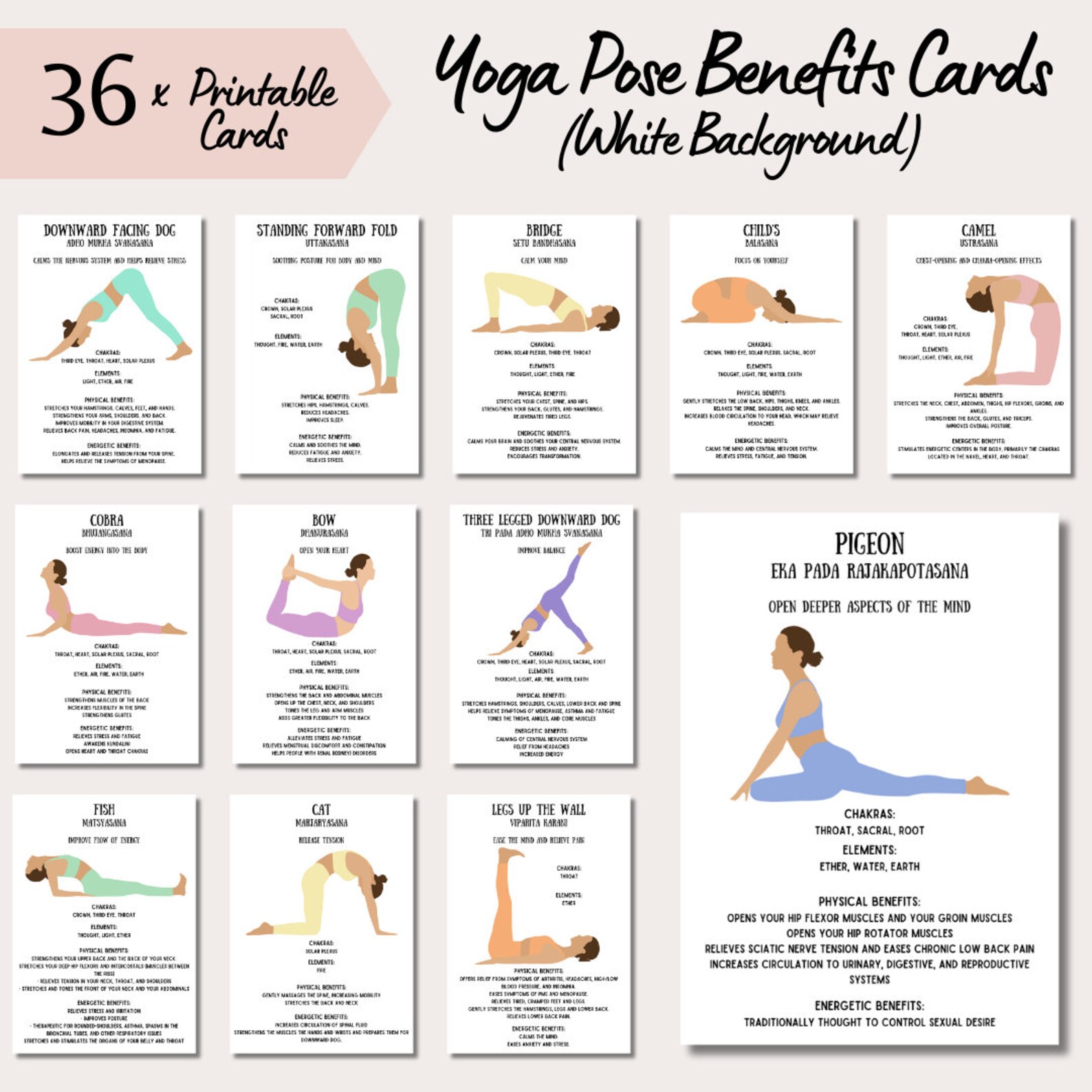 Yoga Pose Printable Cards, White Background, Flashcards for Yoga, Includes Sanskrit, Chakras and ...