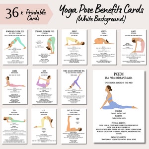 Yoga Pose Printable Cards, White Background, Flashcards for Yoga, Includes Sanskrit, Chakras and Elements, Physical and Energetic Benefits