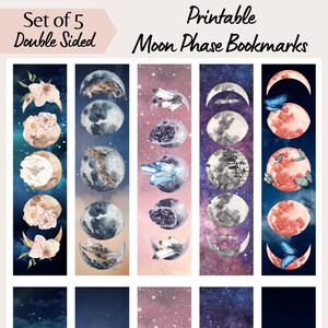 Moon Phase Printable Bookmarks, Watercolour Style Double Sided Bookmarks, Flowers, Butterflies, Wolves, Crystals, Digital Download Bookmarks
