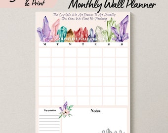 Kristall Druckbare undatierte Wandkalender, Bunte Kristall Stil Leere Monatliche Wandplaner, Spirituelles Design Download Ewiger Kalender