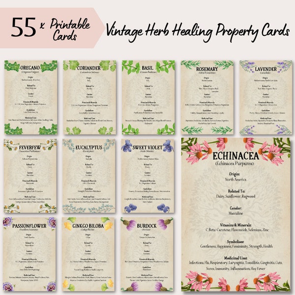 Printable Herbal Healing Cards, Vintage Style with Tree of Life, Medicinal Herbal Reference, Apothecary Journal Pages, Herb Info and Uses