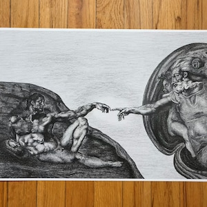 Creation of Adam Print of Original Pencil Drawing, God and Adam Wall Art, Religious Artwork