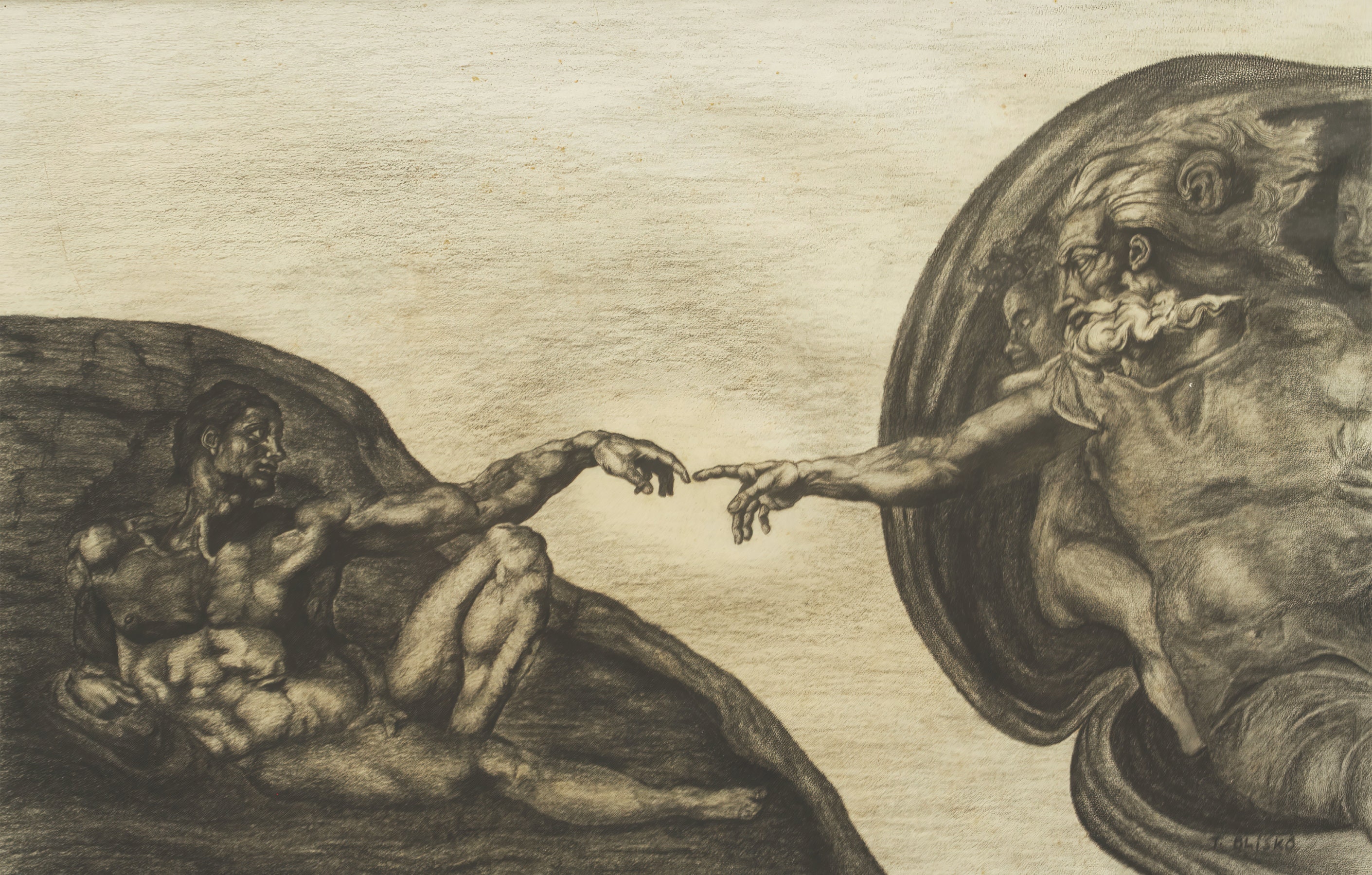 Creation of Adam Print of Original Pencil Drawing, God and Adam