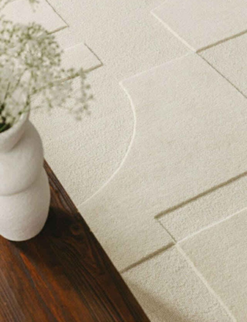 Modern Hand Tufted Rug Ivory High Low Area Rug Modern Wool Rug Handmade Rug for Living Dining
