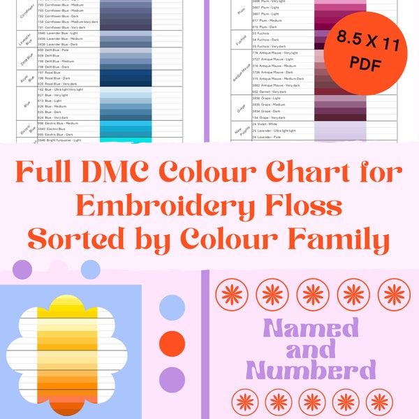 DMC Colour Chart By Number - For Embroidery Floss & Cross Stitch.  Sorted by DMC number. Includes DMC Names.