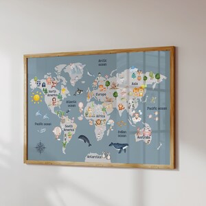 Kinderen wereldkaart, wereldkaart dieren print, kinderen, wereldkaart voor kinderen, speelkamer wereldkaart, afdrukbare kinderkamer kunst, digitale prints downloaden
