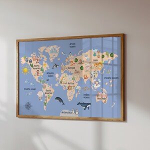Kids World Map Wall Art, Wereldkaart Dieren Print, Wereldkaart voor kinderen, Speelkamer Kaart Muurkunst, Afdrukbare Kinderkamer Kunst, DIGITALE DOWNLOAD