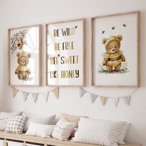 Nursery Prints Woodland Animals, Nursery Wall Art Printable Animal, Watercolor Bear for Nursery, Honey Bee Wall Art, Set of 3 Prints Digital