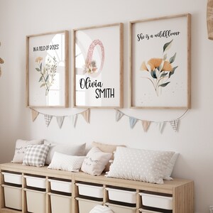 Kids Wall Art Printable Set of 3, Custom Digital Download Wildflower Prints, Boho Floral Glitter Initial, Kids Name, Girls Nursery Decor