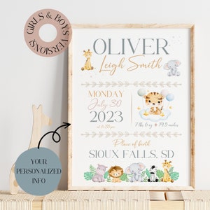 Signo de estadísticas de nacimiento de Safari, cartel personalizado de estadísticas de nacimiento, nuevo regalo para bebés, signo personalizado de guardería para niñas, nuevo regalo para bebés, arte de pared de guardería Boho