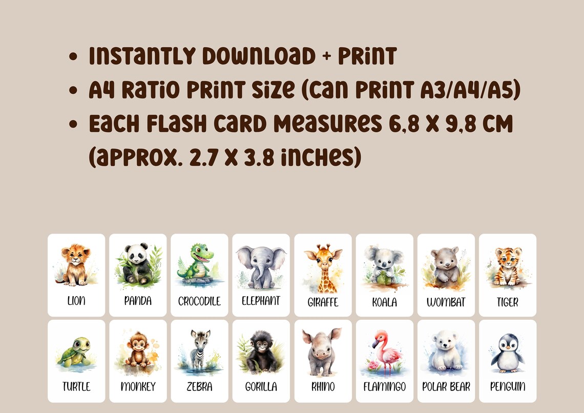 Watercolor Baby Animals Printable Flashcards for Kids, Kids Educational ...