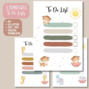 Druckbare Kinder To Do Liste | Kinder Druckvorlage | Safari Tier To-Do List Set | Tiger, Giraffe, Elefant, A4, Kinder Goal Setting