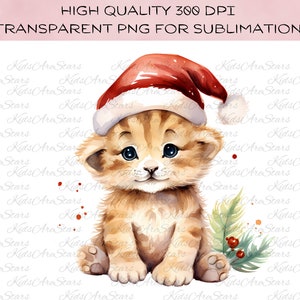 Noël PNG bébé lion | Fichiers PNG pour enfants pour sublimation | Clipart Noël mignon | Clipart Lion aquarelle | Utilisation commerciale du POD inclus