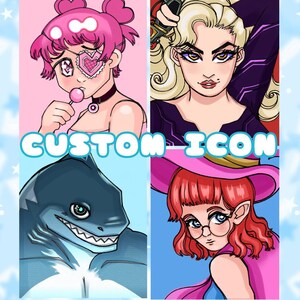 Puede incluir: Un collage de cuatro iconos personalizados que presentan un personaje de pelo rosa con un parche en forma de corazón, una mujer rubia con una pistola, un tiburón azul con dientes afilados y una mujer pelirroja con gafas y un sombrero rosa. El texto "CUSTOM ICON" se muestra en el centro de la imagen.