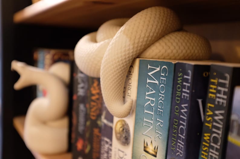 Puede incluir: Un sujetalibros de serpiente blanco de cer&aacute;mica sostiene una pila de libros. El libro de arriba es un libro de bolsillo con el t&iacute;tulo "George R.R. Martin" y el texto "A Song of Ice and Fire" en el lomo. Los otros libros son "The Witcher" y "The Last Wish".