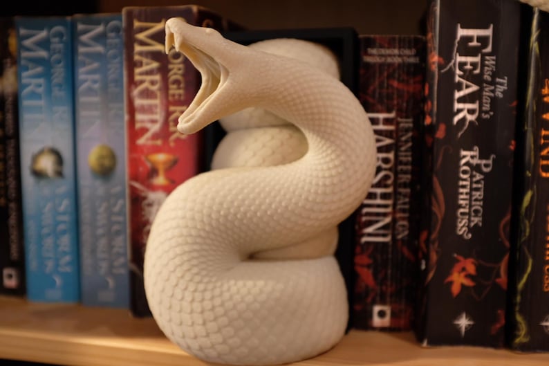 Puede incluir: Un sujetalibros de cer&aacute;mica blanca en forma de serpiente con la boca abierta. El sujetalibros est&aacute; sentado en una estanter&iacute;a con varios libros, incluyendo "Fear" de Patrick Rothfuss.
