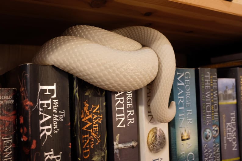Puede incluir: Una serpiente blanca enroscada alrededor de una estanter&iacute;a llena de novelas de fantas&iacute;a. Los libros tienen t&iacute;tulos como "El miedo del hombre sabio", "El nombre del viento" y "Juego de tronos".