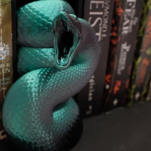Puede incluir: Un sujetalibros de serpiente verde azulado con una superficie texturizada y la boca abierta. El sujetalibros sostiene una fila de libros.