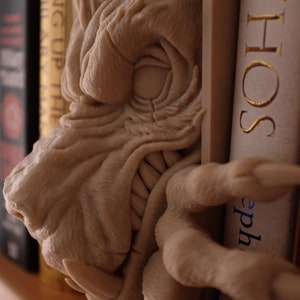 May include: A beige dragon bookend with a textured surface and a large, open mouth. The dragon is holding a book with the word "HOS" visible on the spine.