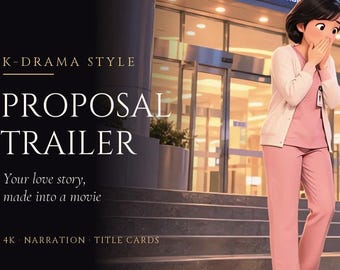 May include: A 3D animated scene featuring a person in pink scrubs and a white cardigan standing on hospital steps, while another person in a dark coat kneels to present an open blue ring box. Text reads K-DRAMA STYLE PROPOSAL TRAILER.