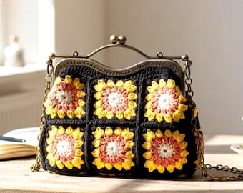 Sac vintage avec cadre à fermoir, sac à main carré grand-mère tournesol au crochet, sac à main pour femme fait main
