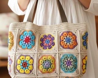 Handmade Crochet Granny Square Tote Bag: Boho Hippie Style