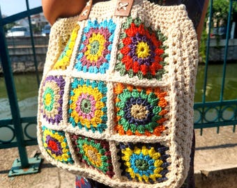 Sac carré grand-mère au crochet, grand fourre-tout bohème, sac à main motif fleurs colorées fait main