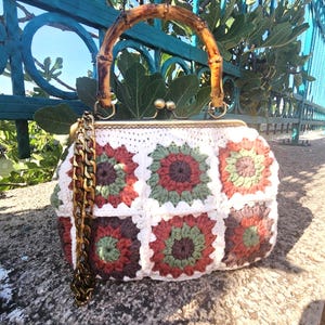 Crochet Granny Square Bag: Handmade Cotton Purse with Bamboo Handle