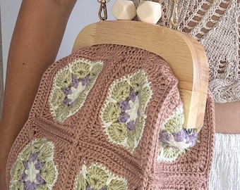 Handmade Granny Square Crochet Bag: Boho Floral Purse with Wooden Frame