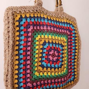 Handmade Crochet Granny Square Tote Bag with Bamboo Handles - Colorful Boho Style