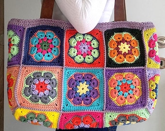 Handmade Granny Square Crochet Tote Bag: Boho Leather Handle Purse