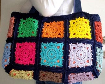 Sac fourre-tout carré grand-mère au crochet, grand sac à bandoulière coloré fait main, sac à main en patchwork bohème