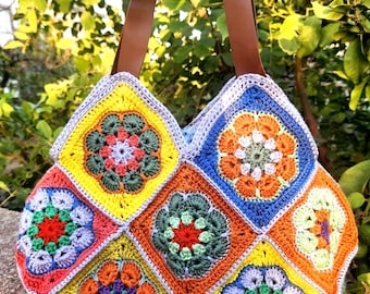 Crochet Granny Square Bag: Handmade Boho Tote with Faux Leather Straps