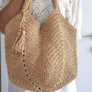 Handmade Crochet Raffia Tote Bag: Boho Woven Hobo Bag with Tassel
