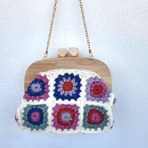 Handmade Crocheted Granny Square Bag | Wooden Clasp Vintage Style Purse | Colorful Motif Women&#39;s Shoulder Bag