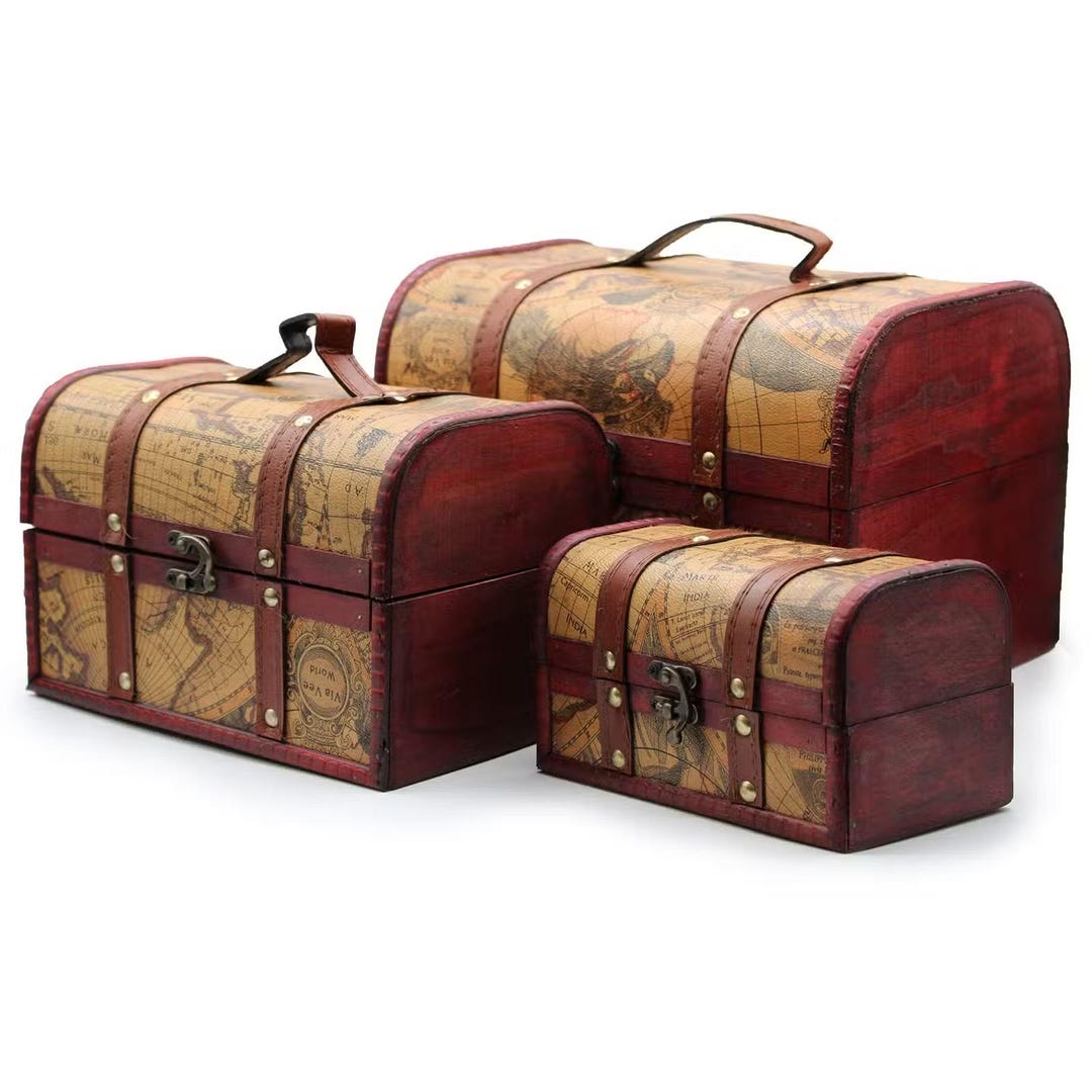 Vintage Treasure Chest Set – Wooden Storage Boxes – Travel Theme Home ...