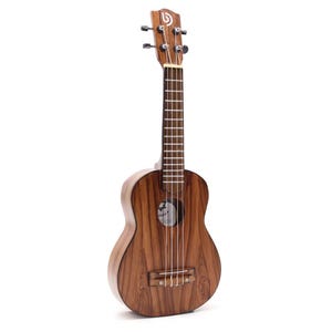 May include: A wooden ukulele with a natural wood grain finish. The instrument has four strings, a sound hole, and tuning pegs. The ukulele is a small, portable instrument, perfect for beginners and experienced musicians alike.