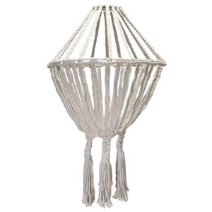 May include: Off-white macrame pendant light fitting. The shade is diamond-shaped, with a braided top and vertical strands that converge at the bottom, ending in three tassels. Designed to hang from the ceiling.