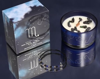 Set de regalo con vela de cristal y pulsera de piedras preciosas del zodíaco – Colección Astrología