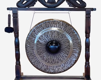 Gong de meditación grande con soporte tallado a mano – Decoración para sanación sonora