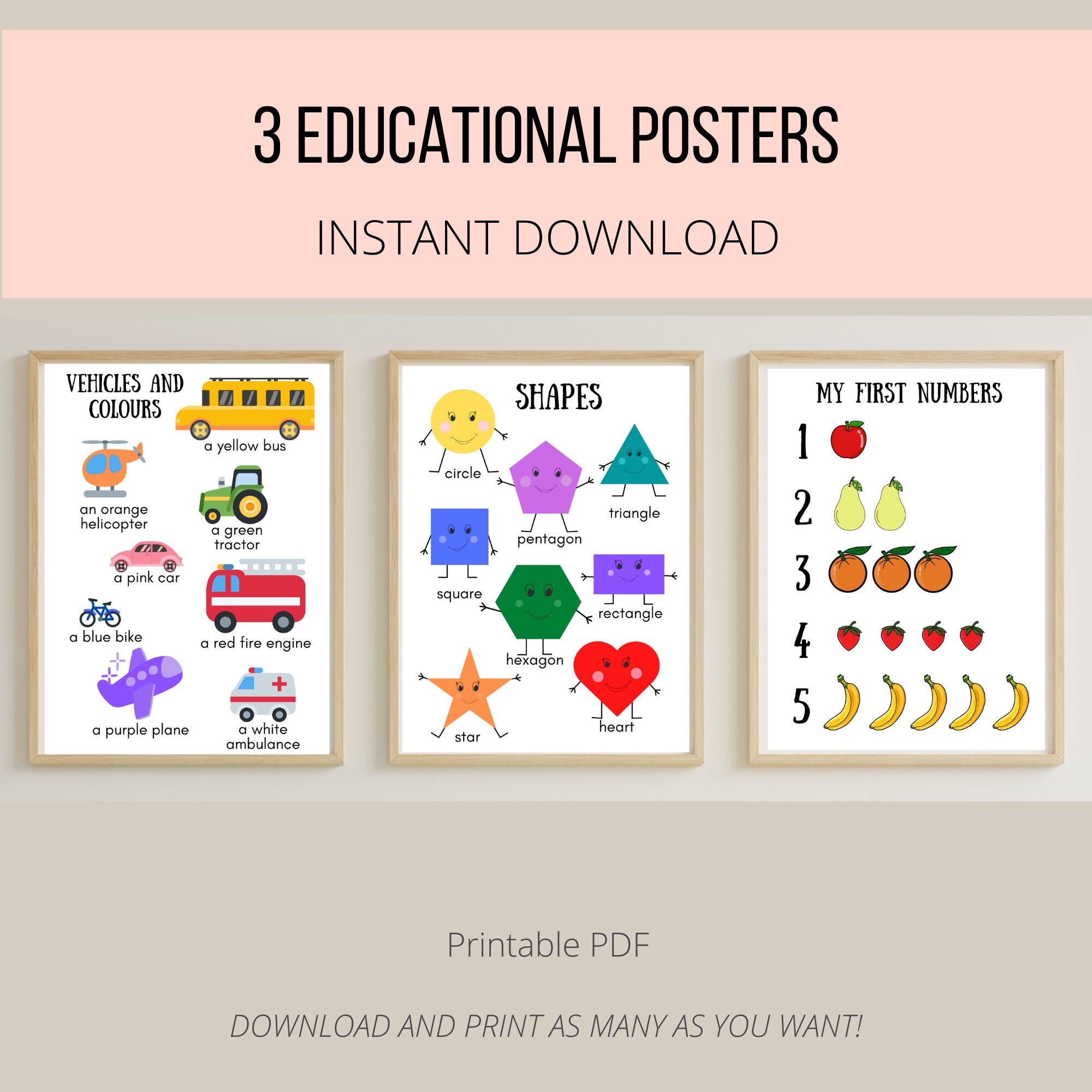 Set of 3 Educational Posters for Children - Colours and Vehicles ...