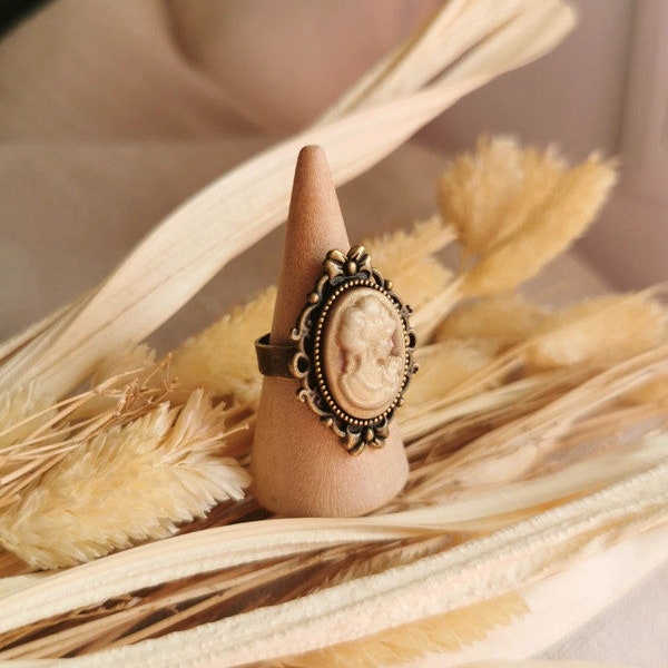 Bague camee femme marron beige acier inoxydable bronze