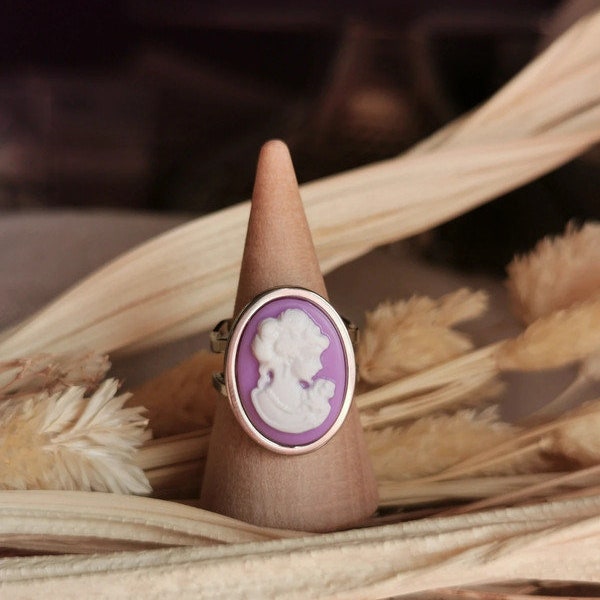 Bague camee femme violet et blanc acier inoxydable argenté