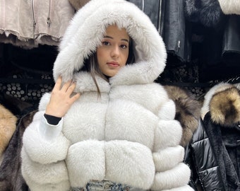 Cropped Short Real Fox Fur Jackets Women Coat Hooded