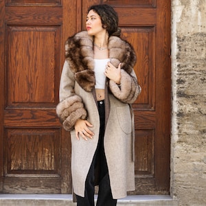 Beige Color Long Alpaca Coat with Fox Fur , Luxury Woman Coat
