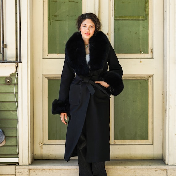 Black Cashmere Coat: Women's Fox Fur Collar & Cuffs, Removable Fur
