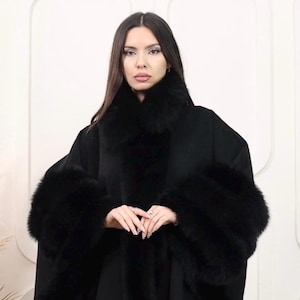 Women’s Winter Black  Cashmere Cape with Fox Fur Trim - Warm Cashmere Cape, One Size Fits All”