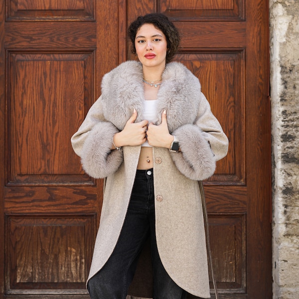 Luxurious Beige Wool Alpaca Long Coat with Rex Fur Details main image 0
