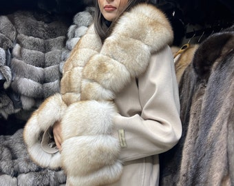 Beige Color Long Cashmere Coat Fox Fur Collarand and Cufs , Women Stylish Fox Fur , Luxury Coat